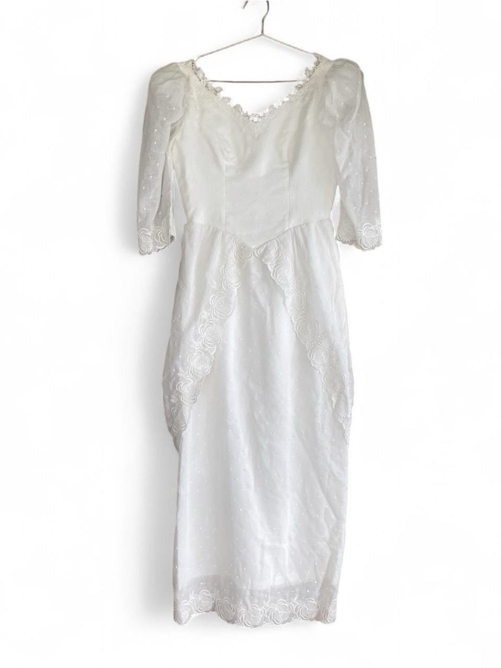 Vintage 80s White Swiss Dot Bow Bustle Wedding Dress Bridal Gown - S/M